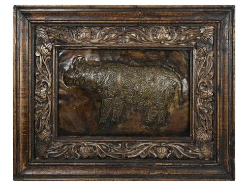 39" Brass Calligraphic Rhinoceros Wall Hanging with Wooden Frame