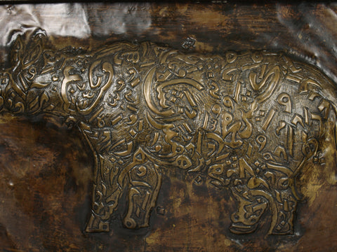 39" Brass Calligraphic Rhinoceros | Wooden Frame Wall Hanging