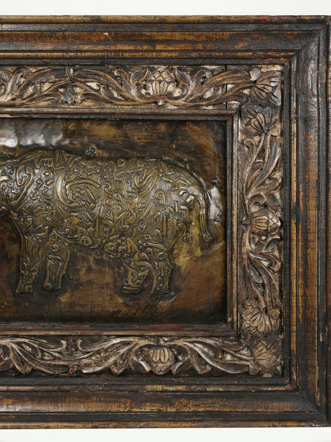 39" Brass Calligraphic Rhinoceros | Wooden Frame Wall Hanging