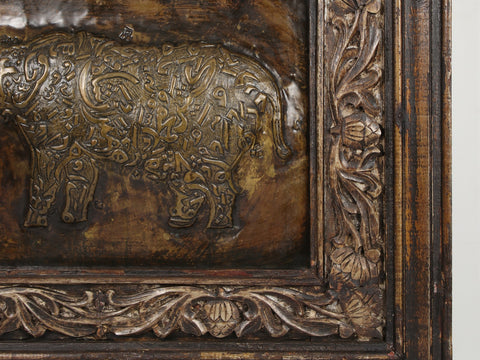 39" Brass Calligraphic Rhinoceros | Wooden Frame Wall Hanging