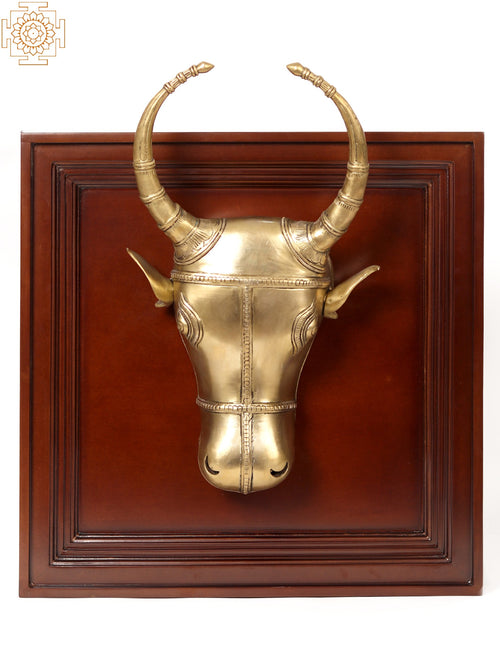 23" Bull Head Brass Statue with Wooden Wall Hanging Frame