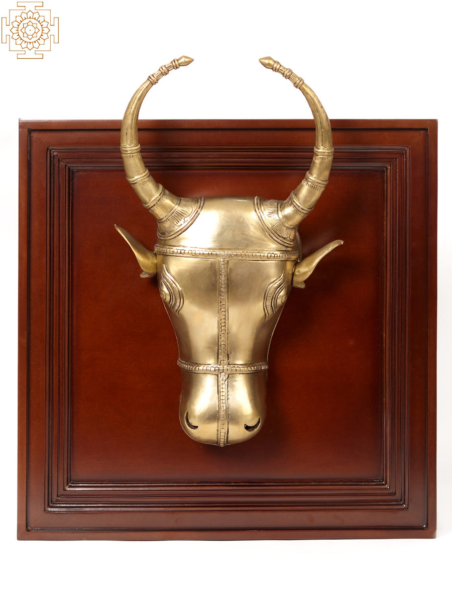 23" Bull Head Brass Statue with Wooden Wall Hanging Frame