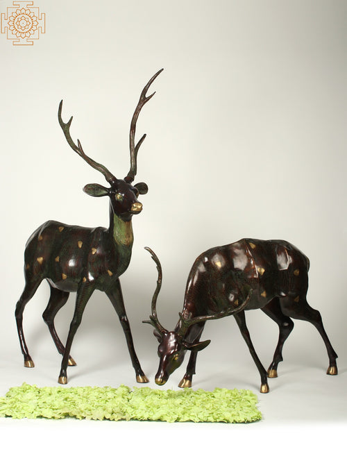63" Large Brass Deer Pair Decorative Statue