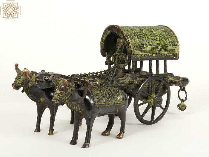 13" Handmade Brass Bull Cart Statue for Home Decor