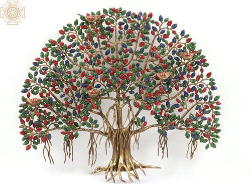 30" Brass Bodhi Tree With Inlay Work Wall Hanging
