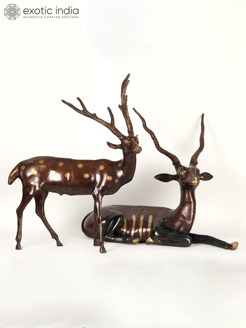 34" Large Pair of Deer and Antelope Brass Statue