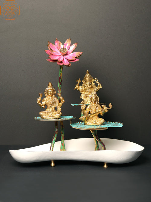 16" Pink Lotus with Leaves Brass Statue Handpainted