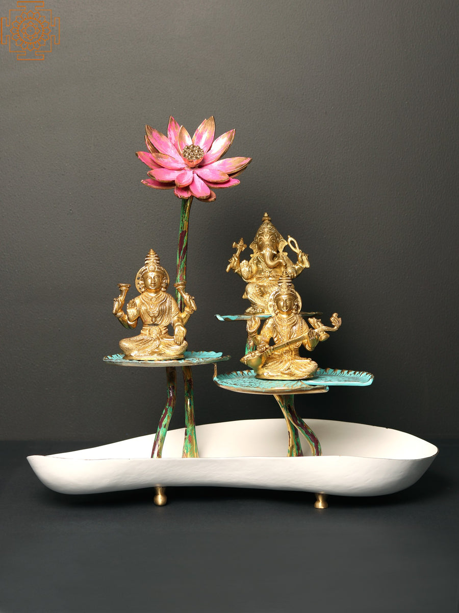 16" Pink Lotus with Leaves Brass Statue Handpainted