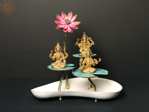 16" Pink Lotus with Leaves in Brass | Handpainted