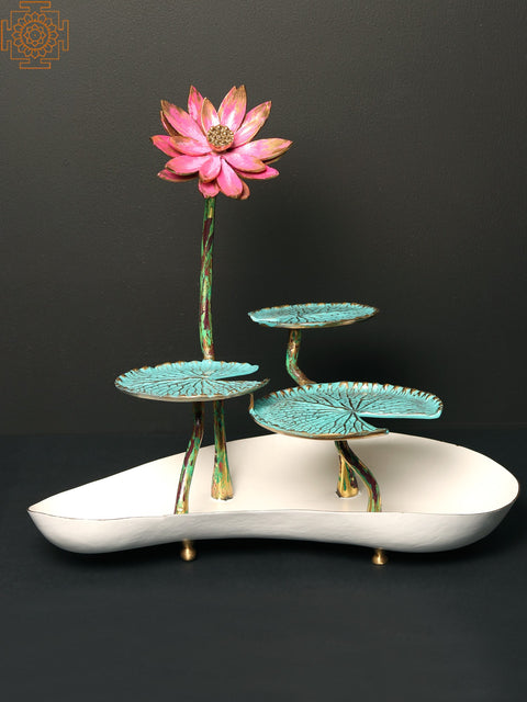 16" Pink Lotus with Leaves in Brass | Handpainted