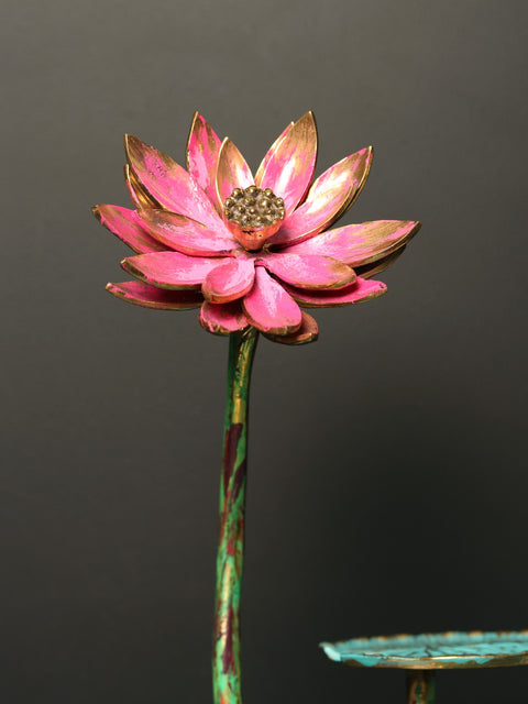 16" Pink Lotus with Leaves in Brass | Handpainted
