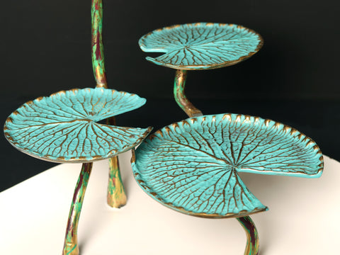 16" Pink Lotus with Leaves in Brass | Handpainted