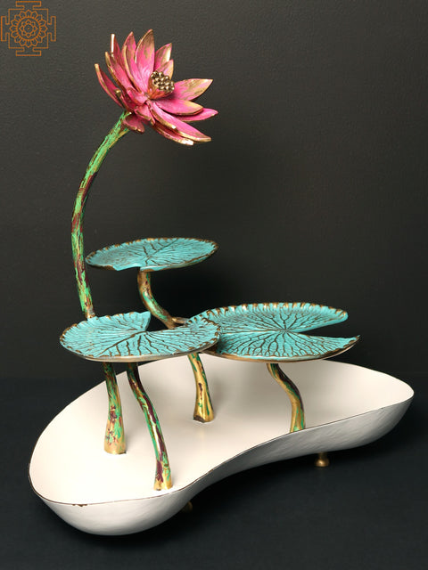 16" Pink Lotus with Leaves in Brass | Handpainted