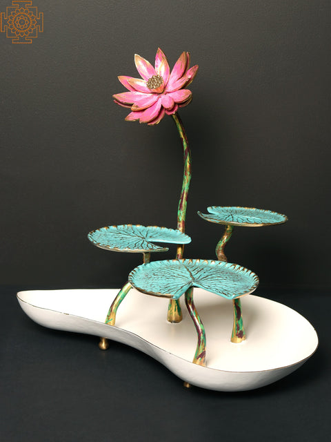16" Pink Lotus with Leaves in Brass | Handpainted