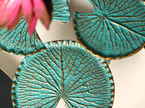 16" Pink Lotus with Leaves in Brass | Handpainted