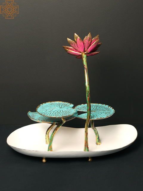 16" Pink Lotus with Leaves in Brass | Handpainted