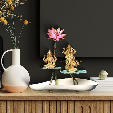 16" Pink Lotus with Leaves in Brass | Handpainted