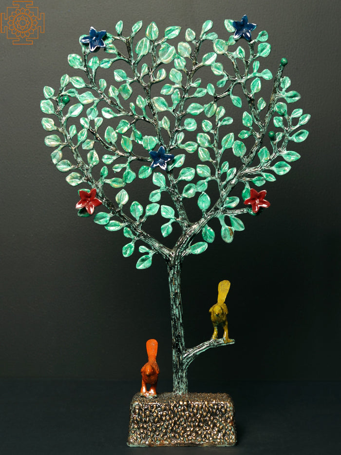 16" Brass Tree with Birds and Flowers Handpainted Statue