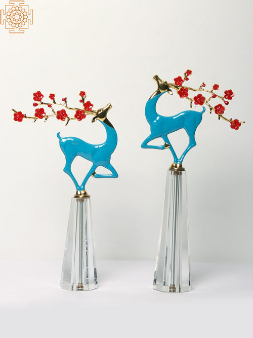 14" Brass and Glass Blue Deer Sculpture Set of 2
