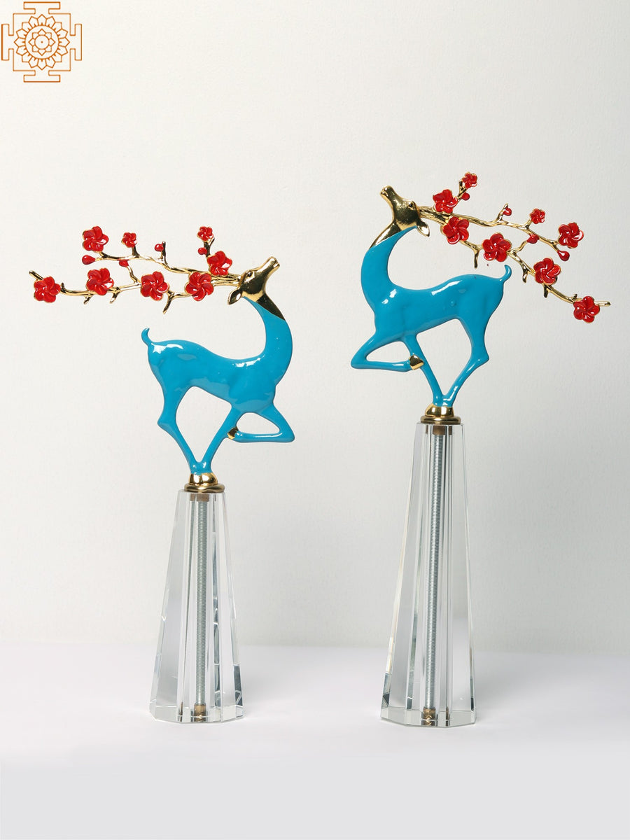 14" Brass and Glass Blue Deer Sculpture Set of 2