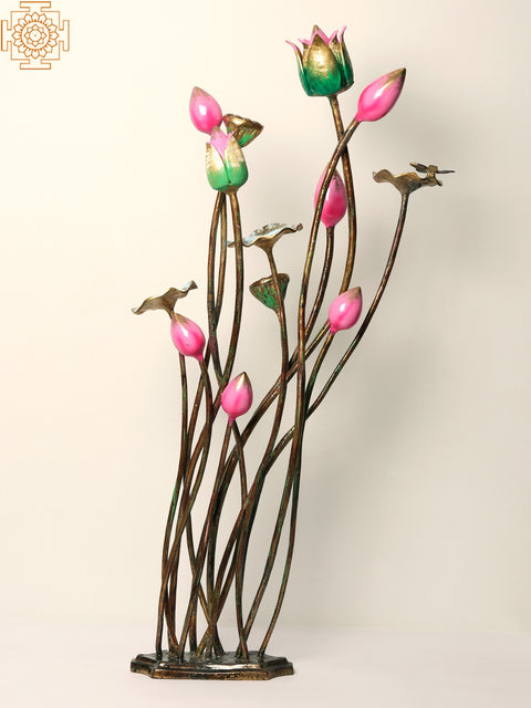 34” Handpainted Brass Lotus Flowers Bouquet