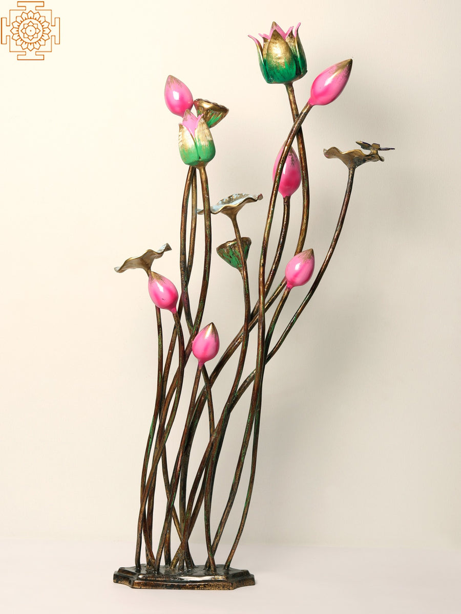 34" Handpainted Brass Lotus Flowers Bouquet Sculpture