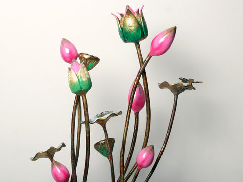 34” Handpainted Brass Lotus Flowers Bouquet
