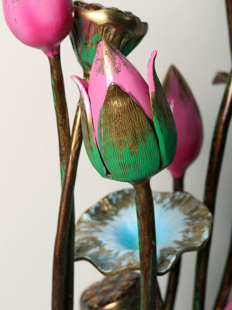 34” Handpainted Brass Lotus Flowers Bouquet