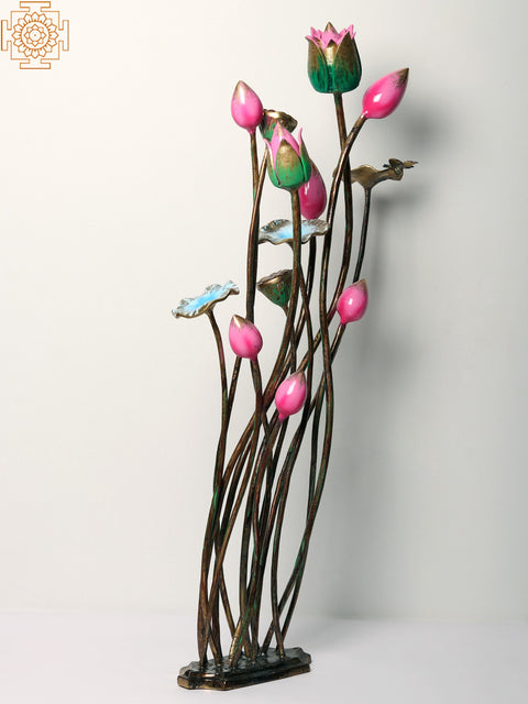 34” Handpainted Brass Lotus Flowers Bouquet