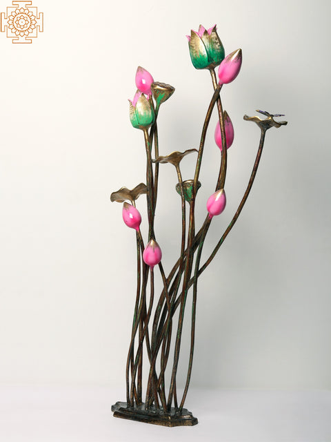 34” Handpainted Brass Lotus Flowers Bouquet