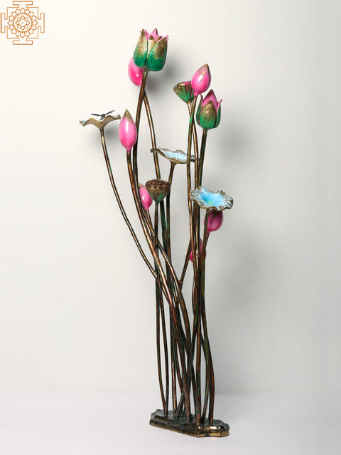 34” Handpainted Brass Lotus Flowers Bouquet