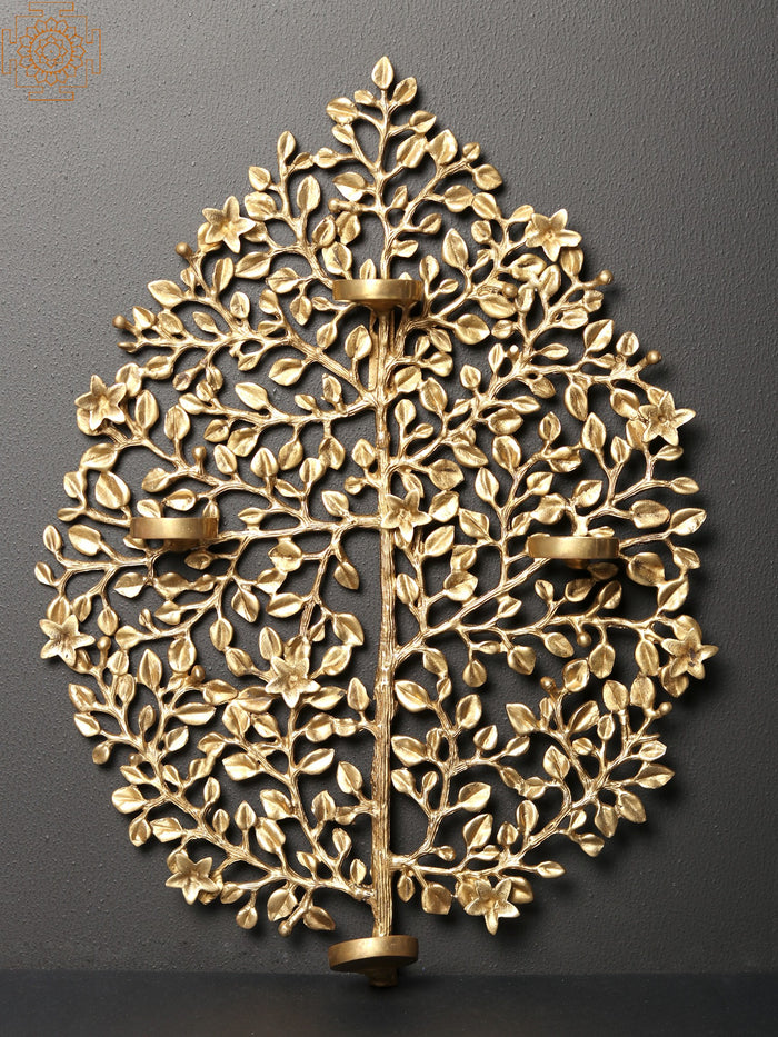 17" Brass Tree Wall Hanging Candle Holder for Home Decor