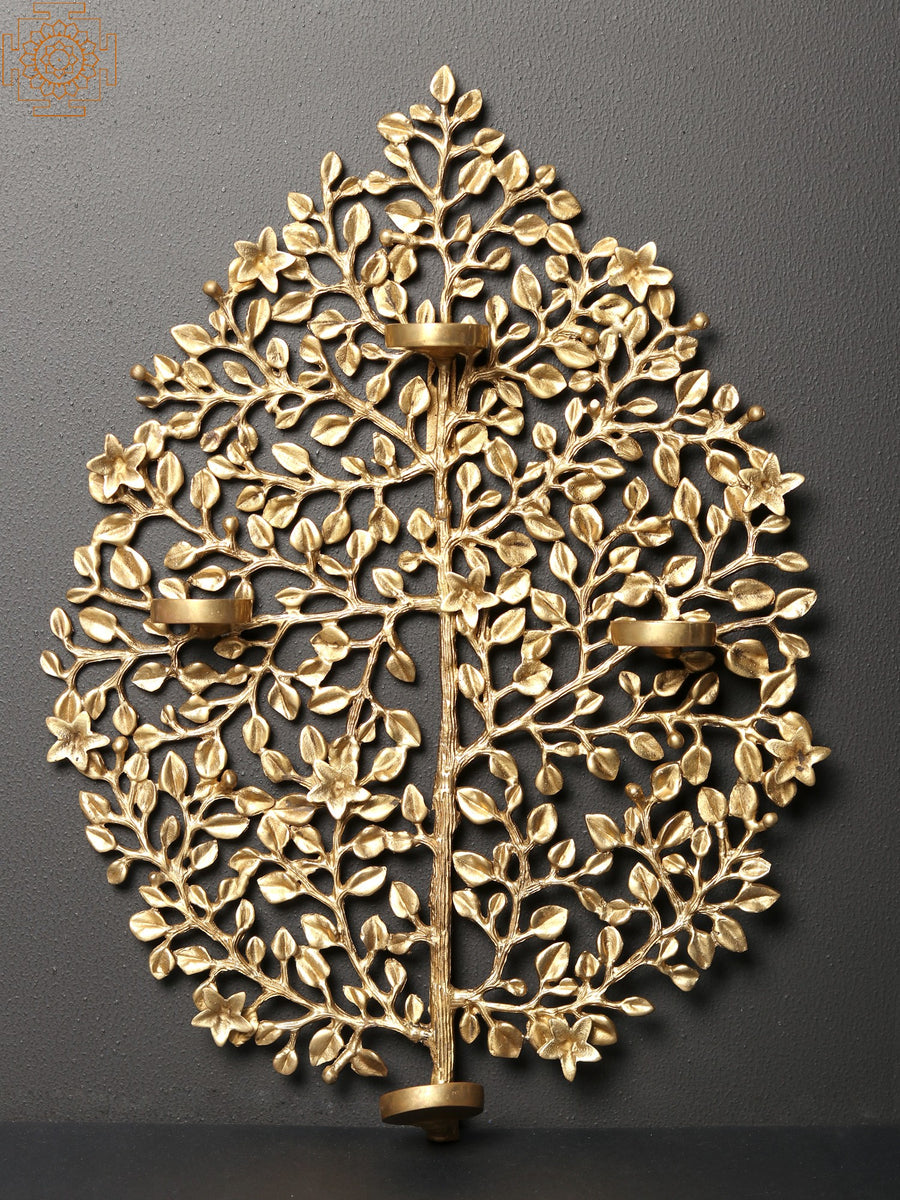 17" Brass Tree Wall Hanging Candle Holder for Home Decor