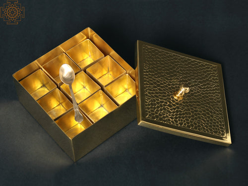6" Square Brass Masala Box for Kitchen Storage