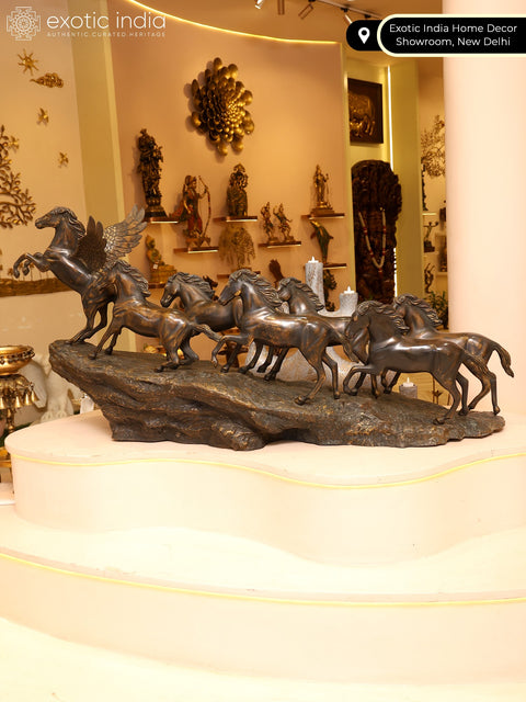 58" Large Seven Galloping Horses | Brass Sculpture