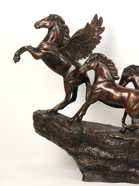 58" Large Seven Galloping Horses | Brass Sculpture