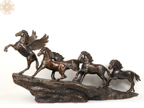 58" Large Seven Galloping Horses | Brass Sculpture