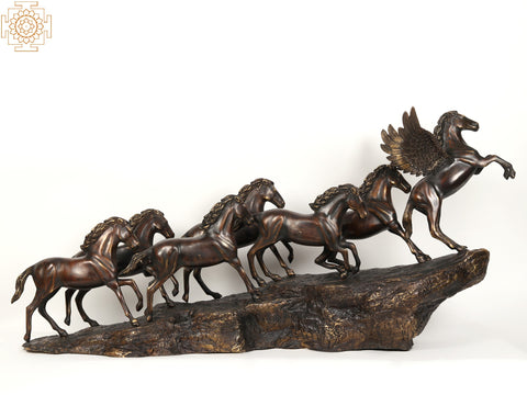 58" Large Seven Galloping Horses | Brass Sculpture