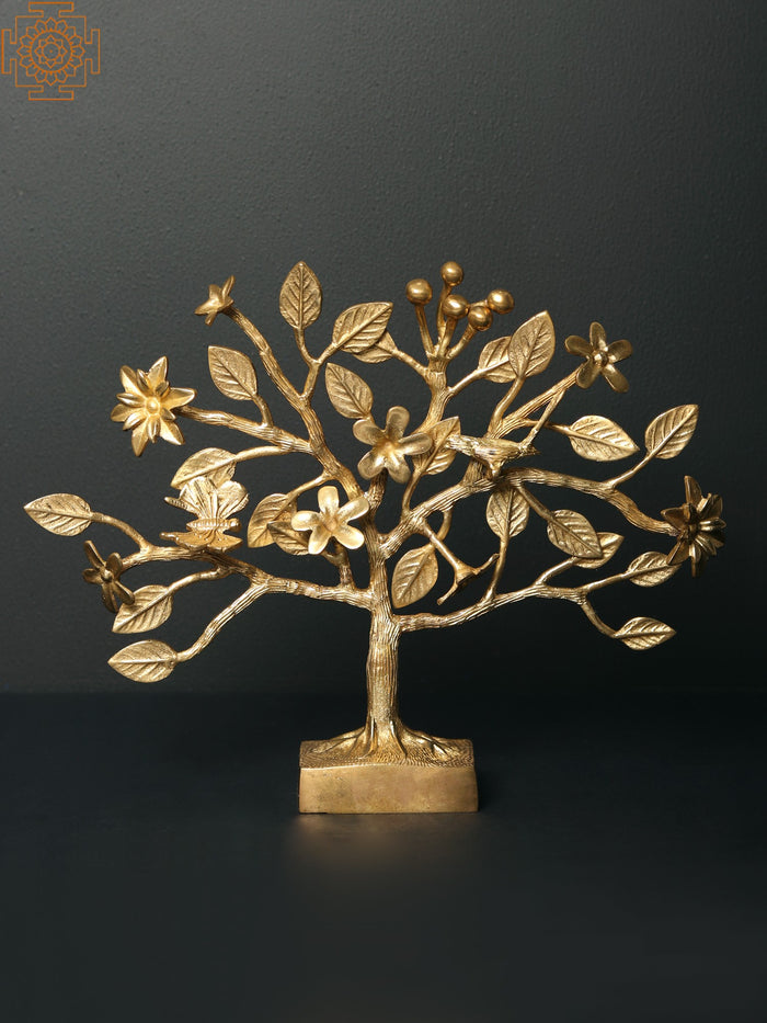 10" Brass Tree with Flowers and Butterfly Statue