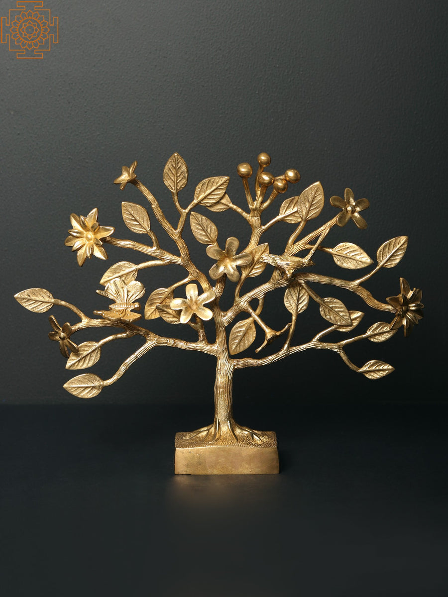 10" Brass Tree with Flowers and Butterfly Statue