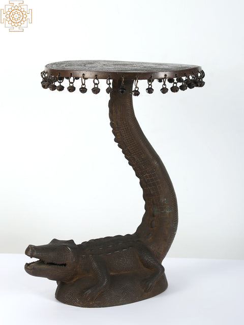 19" Brass Crocodile Stool with Hanging Bells (Rare Item)