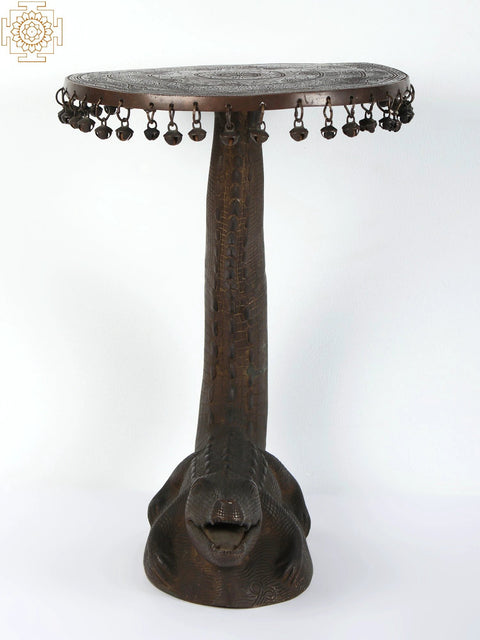 19" Brass Crocodile Stool with Hanging Bells (Rare Item)
