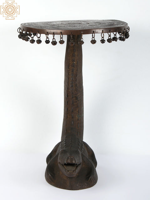 19" Brass Crocodile Stool with Hanging Bells (Rare Item)