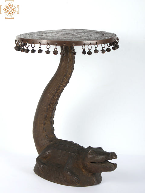 19" Brass Crocodile Stool with Hanging Bells (Rare Item)