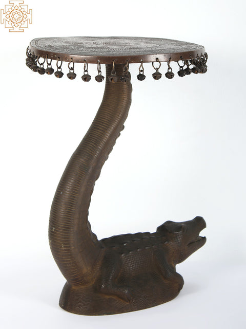 19" Brass Crocodile Stool with Hanging Bells (Rare Item)