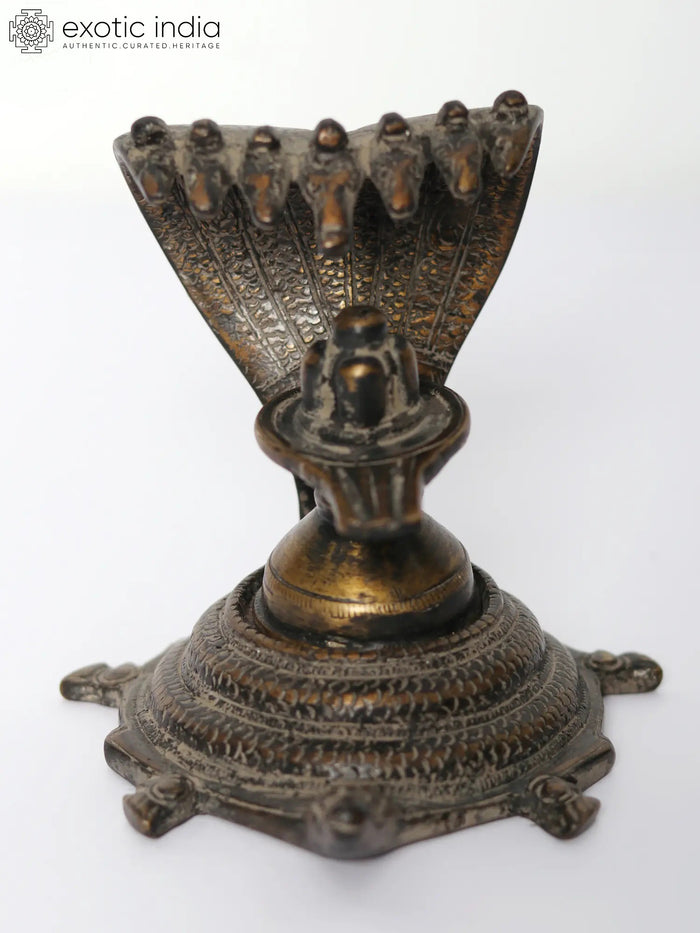 4" Brass Shivalinga on Turtle Pedestal Statue for Pooja