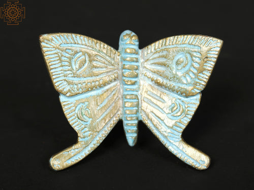 3" Hand-Painted Brass Butterfly Wall Hanging, Blue and Golden