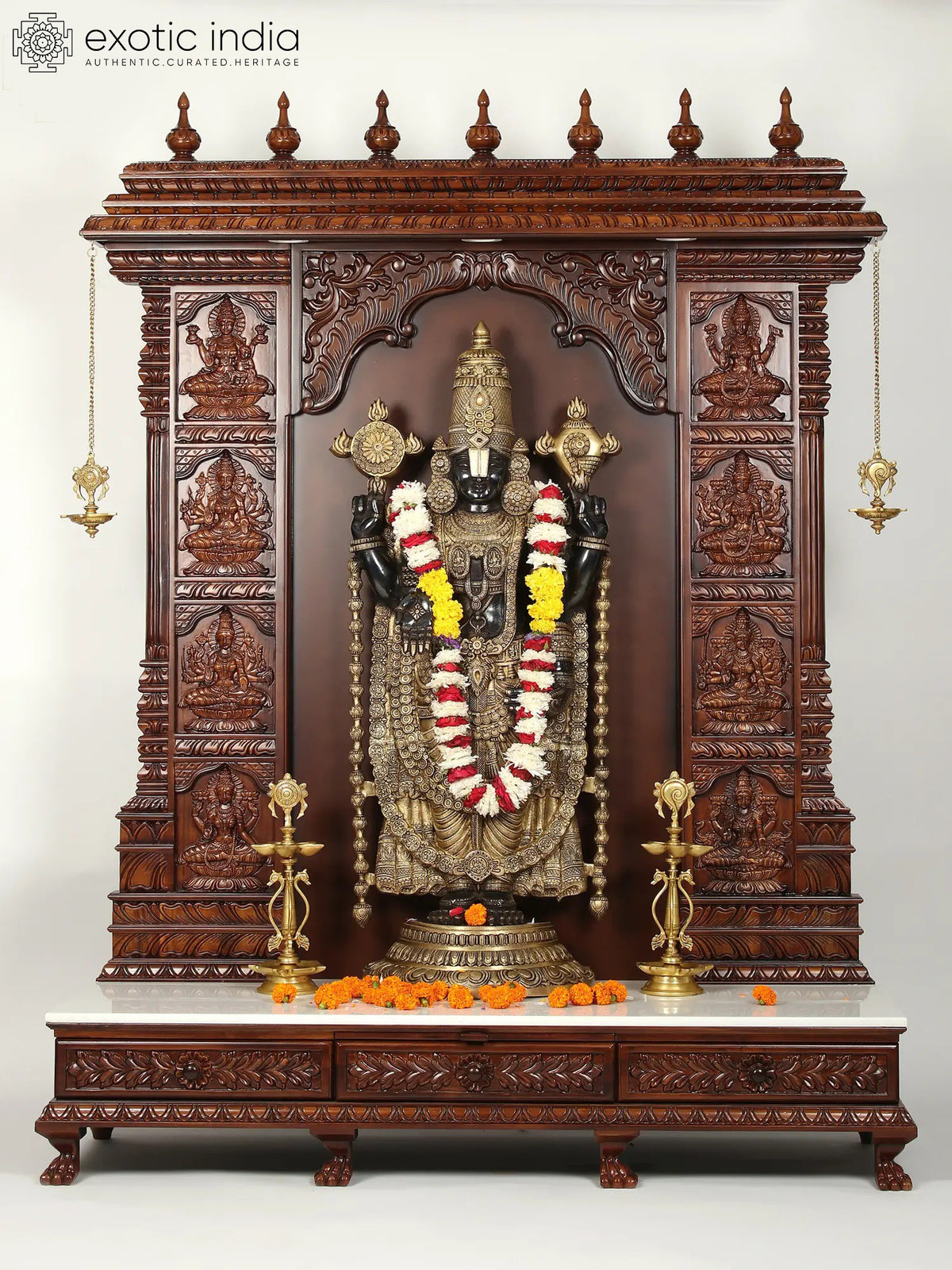 73" Super Large Brass Tirupati Balaji (Venkateshvara) with Ashtalakshmi Wood Carved Designer Temple with Marble Base