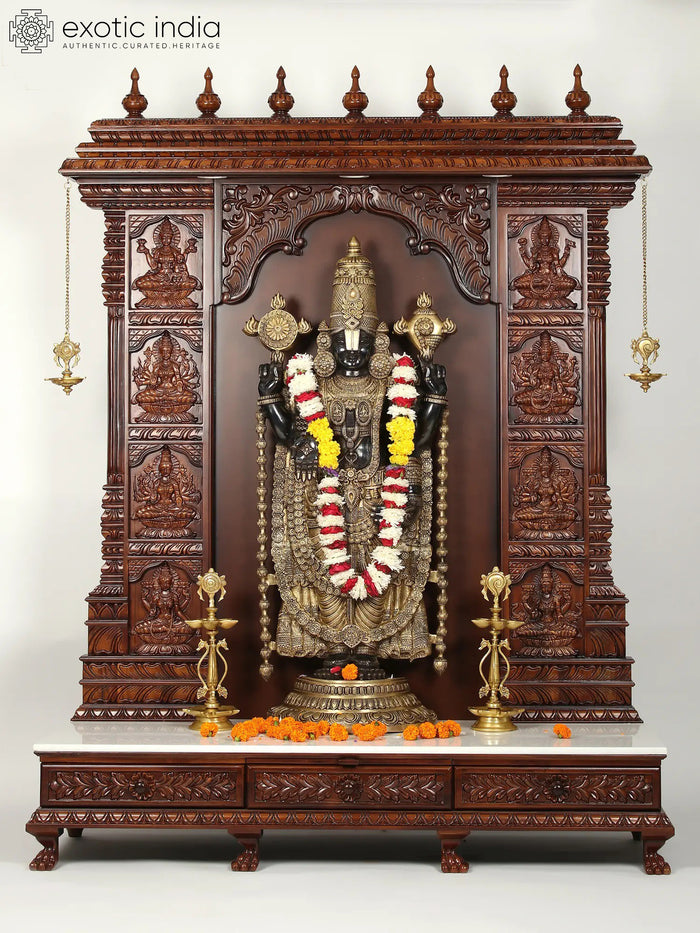 73" Super Large Brass Tirupati Balaji (Venkateshvara) with Ashtalakshmi Wood Carved Designer Temple with Marble Base
