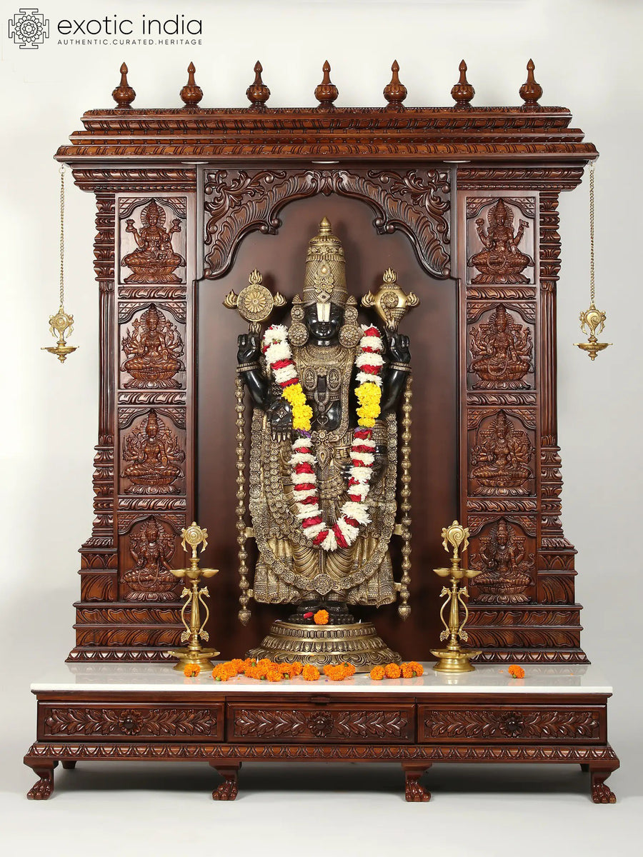 73" Brass Tirupati Balaji Venkateshvara Statue with Wood Carved Ashtalakshmi Temple